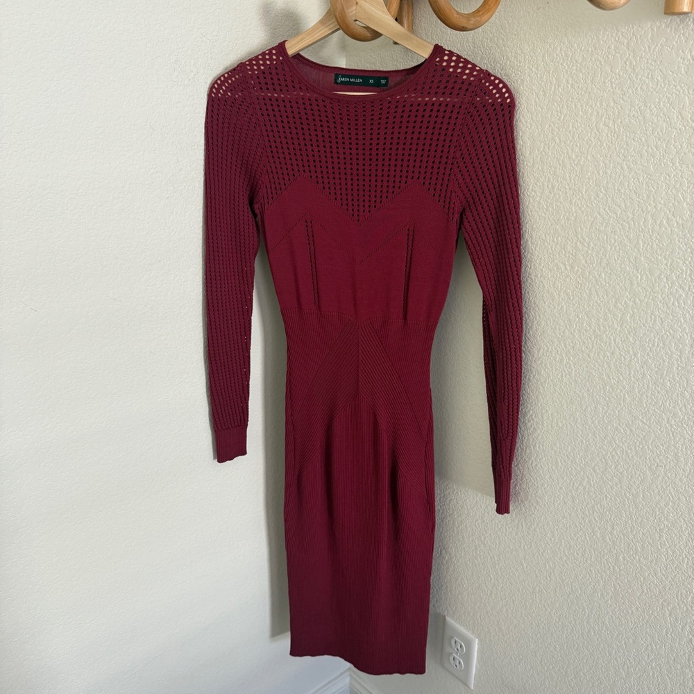 KAREN MILLEN chic burgundy red rib knit long sleeve stretch viscose midi dress